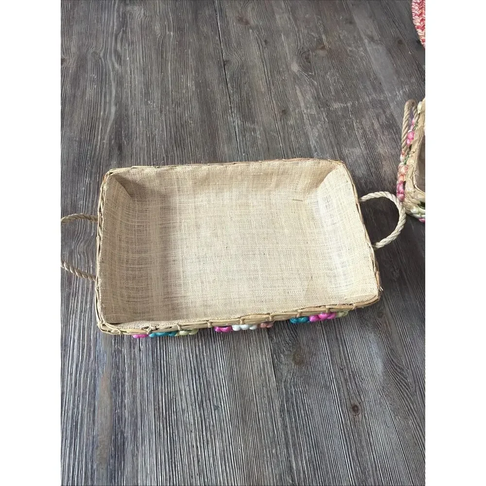 Vintage Casserole Dish Carrier Baskets Raffia With Flowers Set Of 3 Nesting